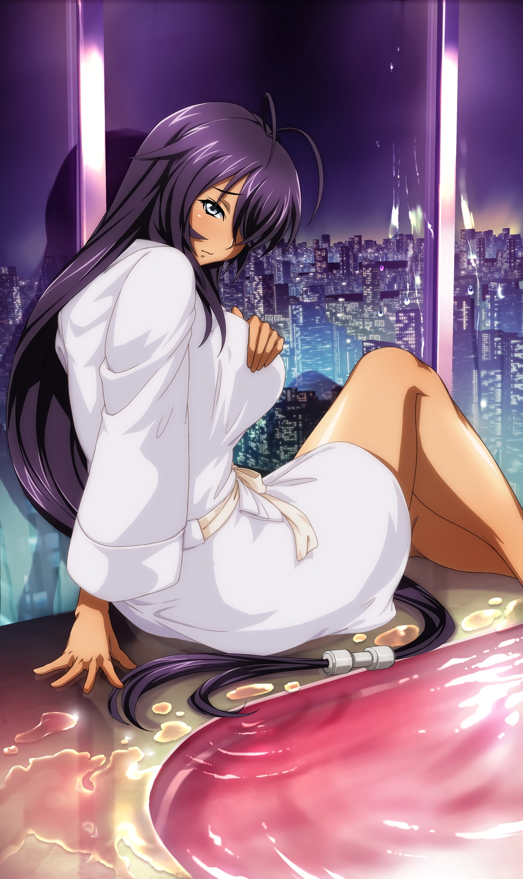 1girl antenna_hair arm_support day grey_eyes hair_over_one_eye highres ikkitousen kan'u_unchou long_hair looking_at_viewer outdoors purple_hair shiny shiny_hair shiny_skin sitting solo very_long_hair window
