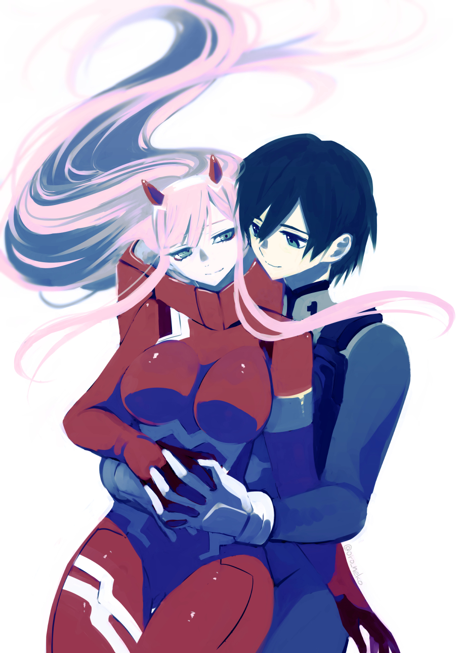 1boy 1girl bangs black_bodysuit black_hair blue_eyes bodysuit breasts commentary couple darling_in_the_franxx floating_hair gloves green_eyes hair_ornament hairband hand_on_another's_stomach hetero highres hiro_(darling_in_the_franxx) holding_hands horns hug hug_from_behind interlocked_fingers long_hair looking_at_another medium_breasts oni_horns oroneko pilot_suit pink_hair red_bodysuit red_eyes red_horns white_gloves white_hairband zero_two_(darling_in_the_franxx)