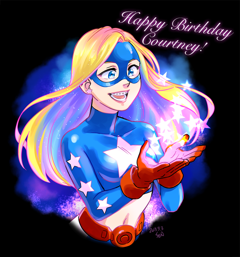 1girl belt blonde_hair blue_eyes braces crop_top dated dc_comics domino_mask earrings gloves happy_birthday jewelry long_hair mask midriff navel open_mouth red_gloves sen_(sen69) signature smile solo star star_earrings stargirl superhero upper_body