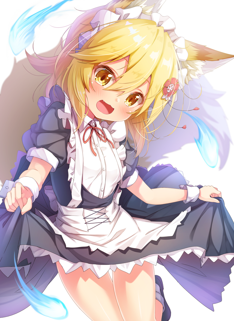 1girl :d alternate_costume animal_ear_fluff animal_ears apron bangs black_dress black_footwear blonde_hair blue_fire blush bobby_socks brown_eyes commentary dress dress_shirt enmaided eyebrows_visible_through_hair fang fire flower fox_ears fox_girl fox_tail grey_legwear hair_between_eyes hair_flower hair_ornament hitodama looking_at_viewer maid maid_headdress matokechi open_mouth puffy_short_sleeves puffy_sleeves red_flower senko_(sewayaki_kitsune_no_senko-san) sewayaki_kitsune_no_senko-san shirt shoes short_sleeves simple_background skirt_hold smile socks solo tail tail_raised waist_apron white_apron white_background white_shirt