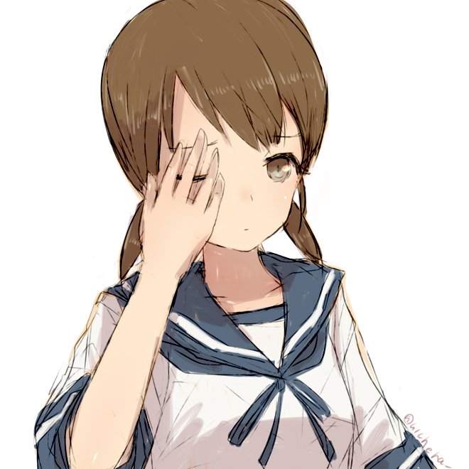1girl alchera bangs blue_neckwear blue_sailor_collar brown_eyes brown_hair collared_shirt hand_over_eye kantai_collection low_twintails neckerchief one_eye_closed parted_bangs sailor_collar school_uniform serafuku shirayuki_(kantai_collection) shirt short_twintails simple_background solo twintails upper_body white_background