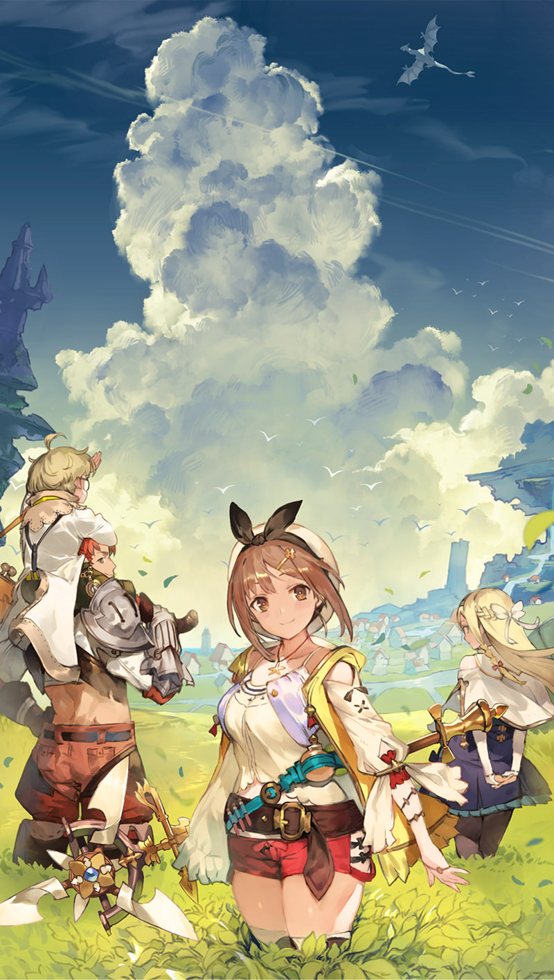 2boys 2girls atelier_(series) atelier_ryza blonde_hair braid brown_eyes brown_hair carrying character_request clouds coat dragon from_behind glasses hair_ornament hair_ribbon hairclip half_updo hat highres hooded_vest jewelry key_visual long_hair looking_at_viewer looking_back midriff multiple_boys multiple_girls necklace official_art pantyhose redhead reisalin_stout ribbon round-bottom_flask short_hair short_shorts shorts shoulder_armor shoulder_carry skindentation staff suspenders thigh-highs toridamono wyvern