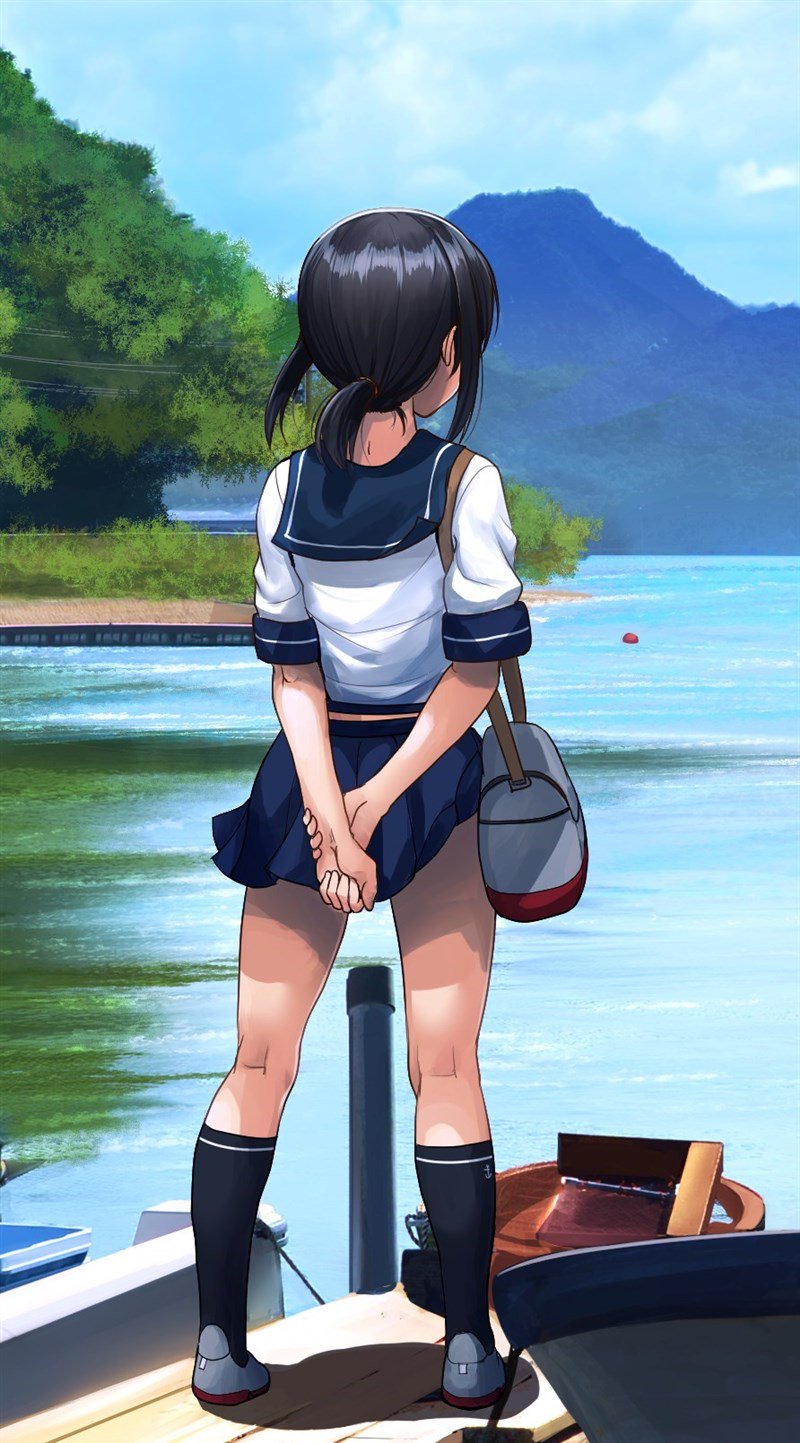 1girl arms_behind_back black_hair blue_legwear blue_skirt boat commentary_request day dock from_behind fubuki_(kantai_collection) highres ichikawa_feesu kantai_collection kneehighs long_hair low_ponytail mountain outdoors pleated_skirt ponytail school_uniform serafuku shirt shoes short_ponytail short_sleeves sidelocks skirt tree watercraft white_shirt