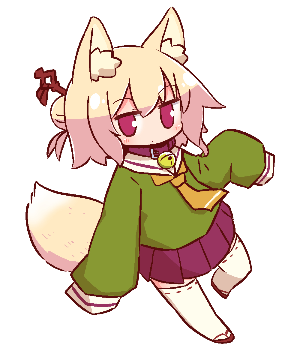 1girl animal_ear_fluff animal_ears bangs bell bell_collar blonde_hair blush brown_collar brown_footwear closed_mouth collar eyebrows_visible_through_hair fox_ears fox_girl fox_tail full_body green_shirt hair_between_eyes hair_bun hair_ornament highres jingle_bell kemomimi-chan_(naga_u) long_hair long_sleeves naga_u orange_neckwear original pleated_skirt purple_skirt red_eyes ribbon-trimmed_sleeves ribbon_trim sailor_collar shirt sidelocks simple_background skirt sleeves_past_fingers sleeves_past_wrists solo tail thigh-highs white_background white_legwear white_sailor_collar