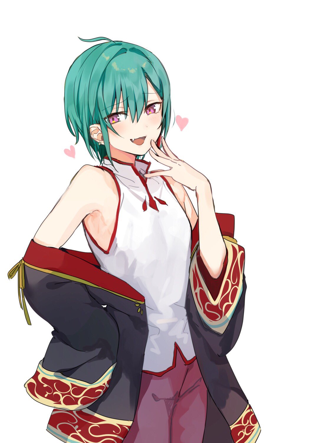 1other ahoge androgynous armpits bad_id bad_twitter_id chinese_clothes cowboy_shot earrings fang green_hair hand_to_own_mouth highres jewelry konbu_wakame nijisanji ryuushen short_hair simple_background smug solo violet_eyes virtual_youtuber white_background