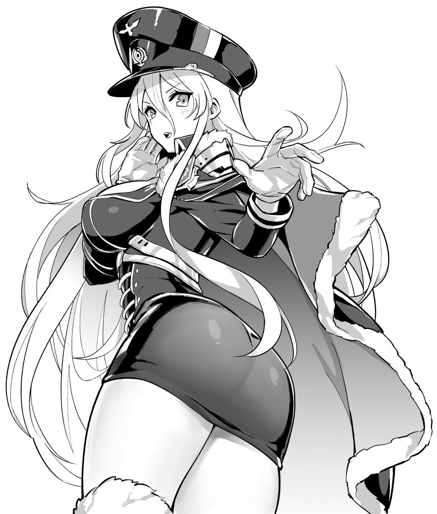 1girl ass azur_lane bangs bismarck_(azur_lane) breasts cape commentary_request gloves greyscale hair_between_eyes hands_up hat hori_(hori_no_su) large_breasts long_hair looking_at_viewer monochrome open_mouth peaked_cap pencil_skirt simple_background skirt solo white_background