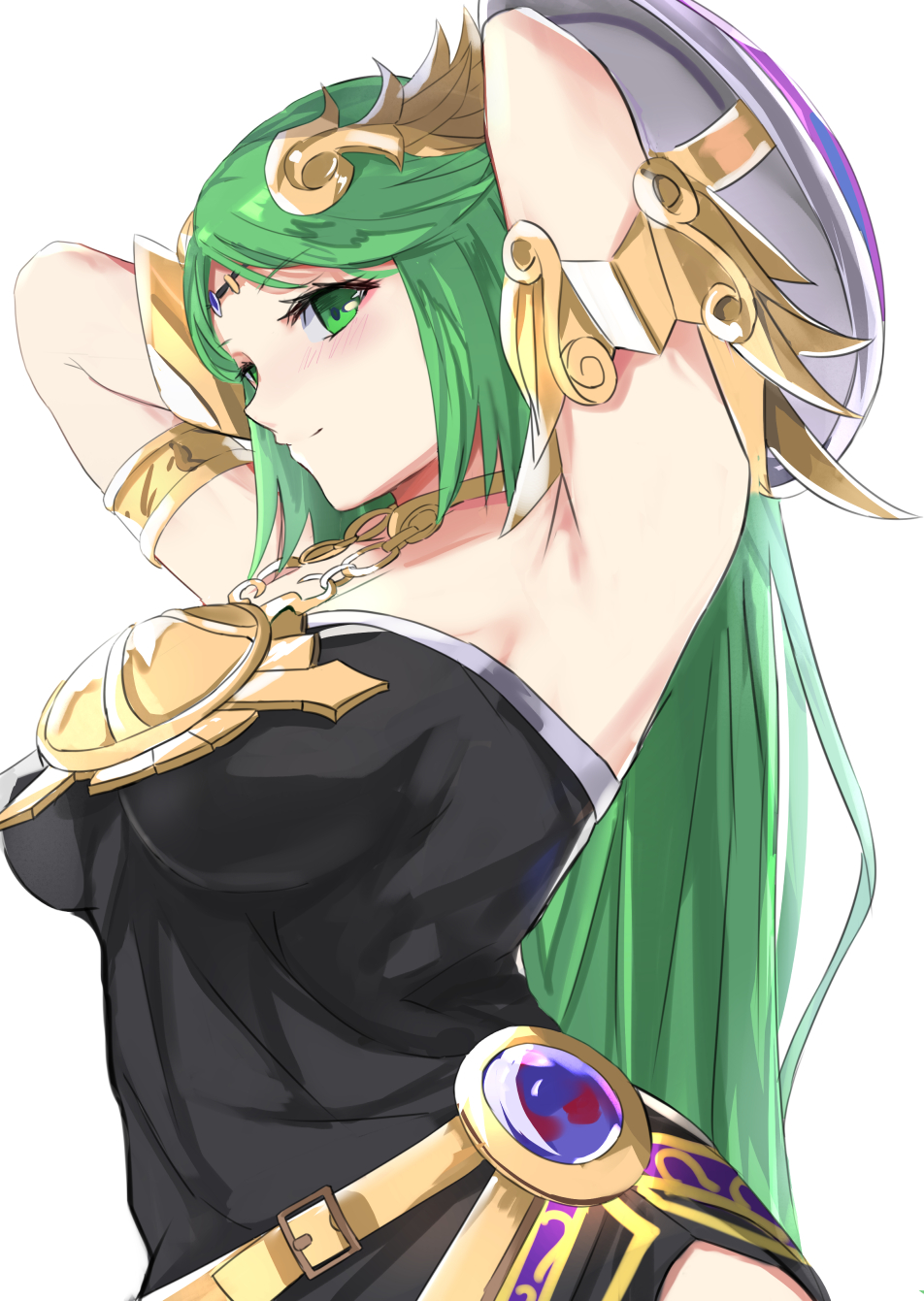 1girl alternate_color armlet armpits arms_behind_head arms_up black_dress breasts buckler circlet closed_mouth dress goddess green_eyes green_hair highres jewelry kid_icarus long_hair medium_breasts neck_ring necklace palutena shield simple_background smile solo straight_hair strapless strapless_dress super_smash_bros. tomas_(kaosu22) very_long_hair white_background