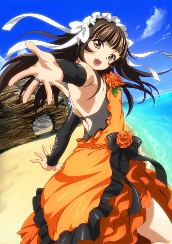1girl :d backless_dress backless_outfit bangs beach black_bow black_sleeves bow bridal_gauntlets brown_eyes brown_hair day detached_sleeves dress dutch_angle floating_hair flower hair_bow heart_cutout ikkitousen layered_dress long_hair long_sleeves looking_at_viewer maid_headdress open_mouth orange_dress orange_flower orange_rose outdoors outstretched_arms outstretched_hand rose shiny shiny_hair sleeveless sleeveless_dress smile solo standing strapless strapless_dress ten'i_(ikkitousen) white_bow
