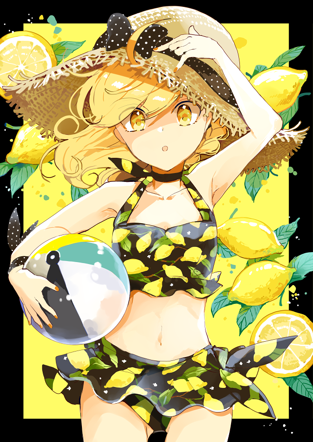 1girl :o ahoge alternate_costume arm_up azuma_aya ball beachball bikini_skirt blonde_hair bow braid choker contemporary cowboy_shot eyebrows_visible_through_hair eyes_visible_through_hair food food_themed_clothes fruit fruit_background hat hat_bow holding holding_ball kirisame_marisa lemon lemon_print lemon_slice looking_at_viewer nail_polish navel orange_nails outside_border polka_dot polka_dot_bow ribbon short_hair single_braid solo straw_hat swimsuit touhou wrist_ribbon yellow_eyes