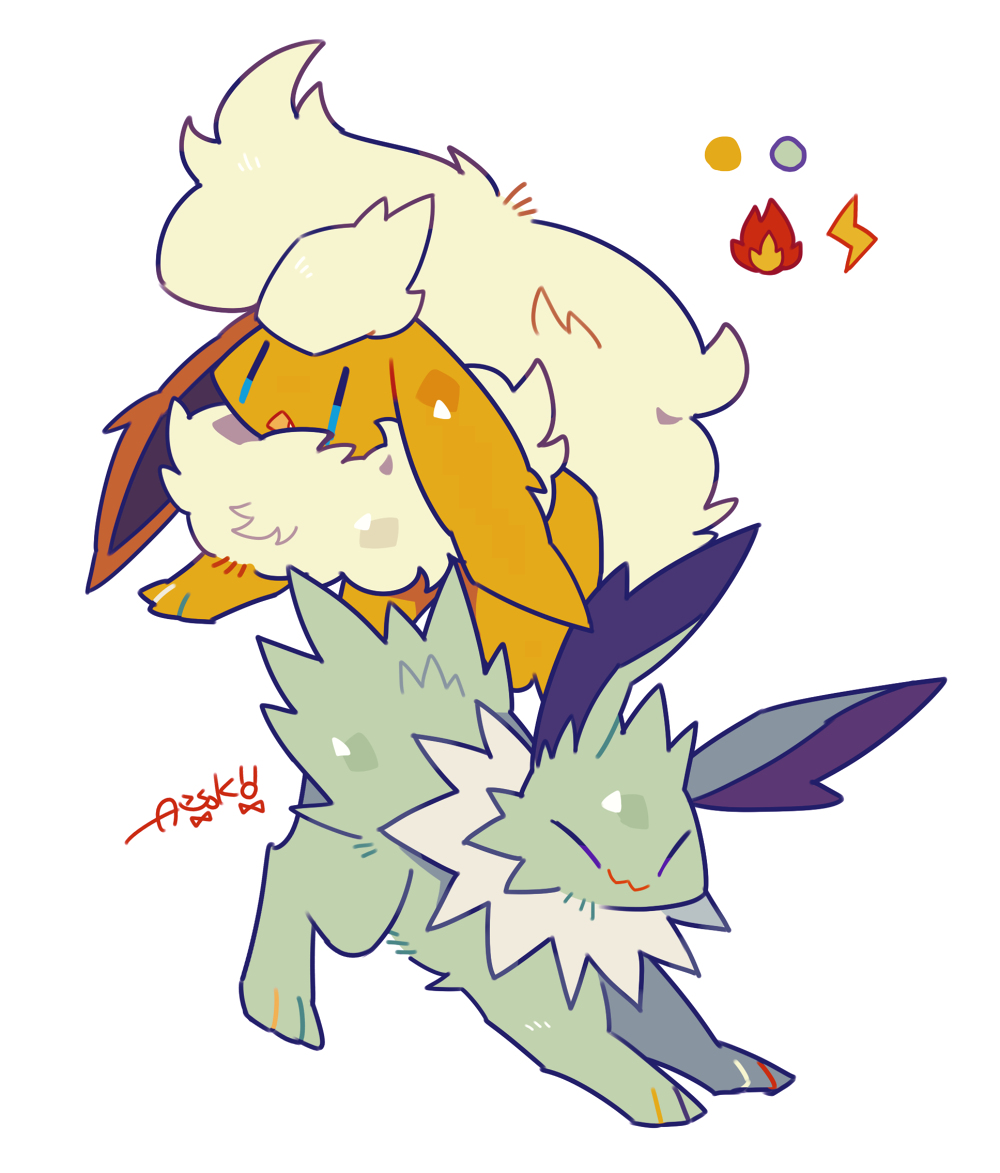 :3 alternate_color artist_name auko blue_eyes closed_eyes commentary_request fang flareon full_body gen_1_pokemon jolteon no_humans open_mouth poke_ball_symbol pokemon pokemon_(creature) shiny_pokemon signature simple_background smile white_background