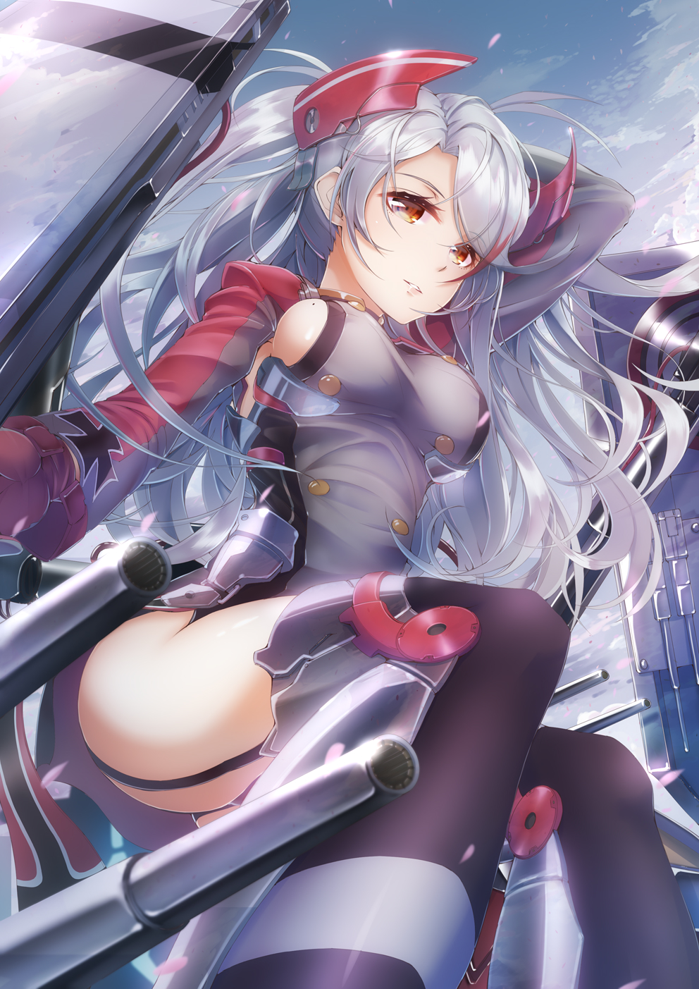 1girl antenna_hair armpit_cutout azur_lane bangs blue_sky blush boots breasts brown_eyes cannon commentary_request day eyebrows_visible_through_hair garter_straps gloves hair_between_eyes headgear highres imo_bouya iron_cross large_breasts leotard long_hair long_sleeves looking_at_viewer mole mole_on_breast multicolored_hair outdoors parted_lips prinz_eugen_(azur_lane) redhead rigging silver_hair sky smile solo streaked_hair thigh-highs thigh_boots thighs turret two_side_up very_long_hair