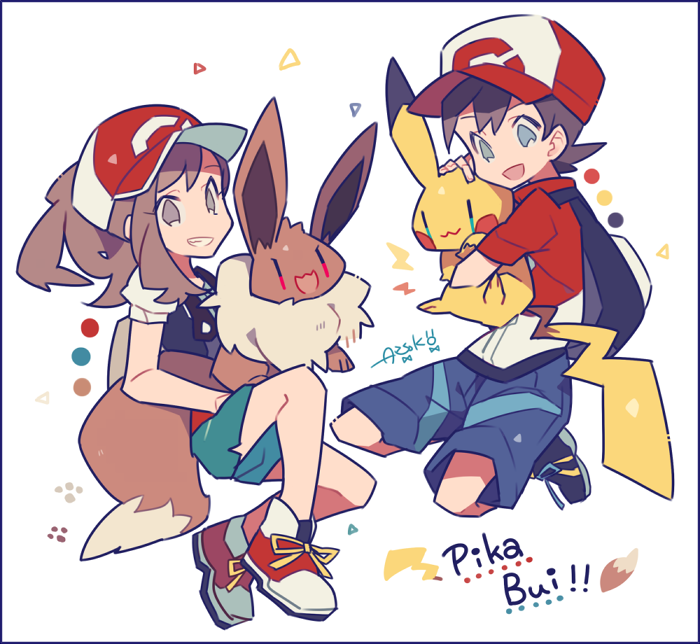 1boy 1girl :3 artist_name auko ayumi_(pokemon) backpack bag baseball_cap black_footwear black_shirt blue_eyes blue_shorts blush_stickers border brown_eyes brown_hair eevee full_body gen_1_pokemon green_shorts happy hat holding holding_pokemon kakeru_(pokemon) looking_at_another looking_at_viewer open_mouth paw_print pikachu poke_ball_symbol poke_ball_theme pokemon pokemon_(creature) pokemon_(game) pokemon_lgpe ponytail purple_border red_eyes red_footwear red_headwear red_shirt shirt shoes short_hair short_shorts short_sleeves shorts signature simple_background smile teeth tied_hair white_background