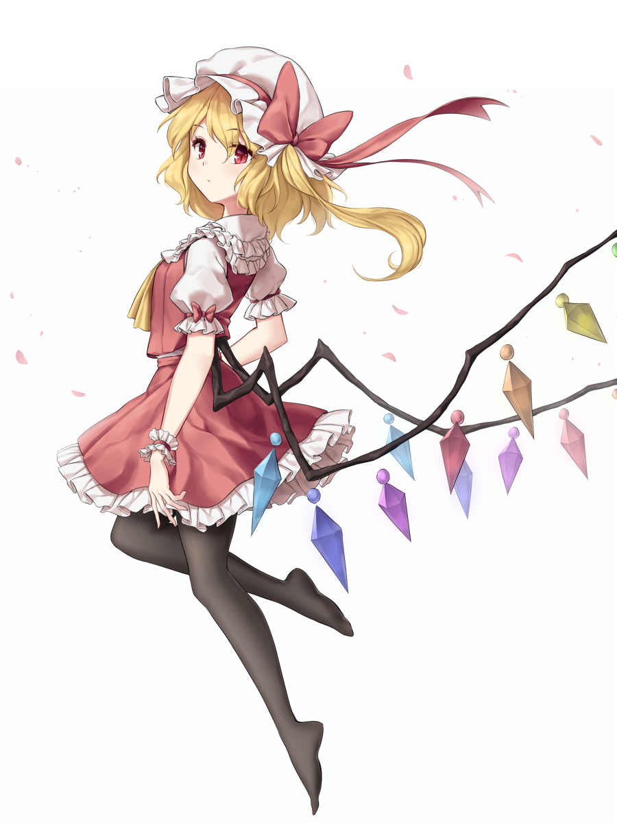 1girl ascot bangs black_legwear blonde_hair blush bow breasts commentary crystal eyebrows_visible_through_hair flandre_scarlet frilled_shirt_collar frills full_body hair_between_eyes hat hat_bow highres long_hair looking_at_viewer miniskirt minust no_shoes one_side_up pantyhose petals petticoat puffy_short_sleeves puffy_sleeves red_bow red_eyes red_skirt shirt short_sleeves simple_background skirt skirt_set small_breasts solo touhou white_background white_headwear white_shirt wings wrist_cuffs yellow_neckwear
