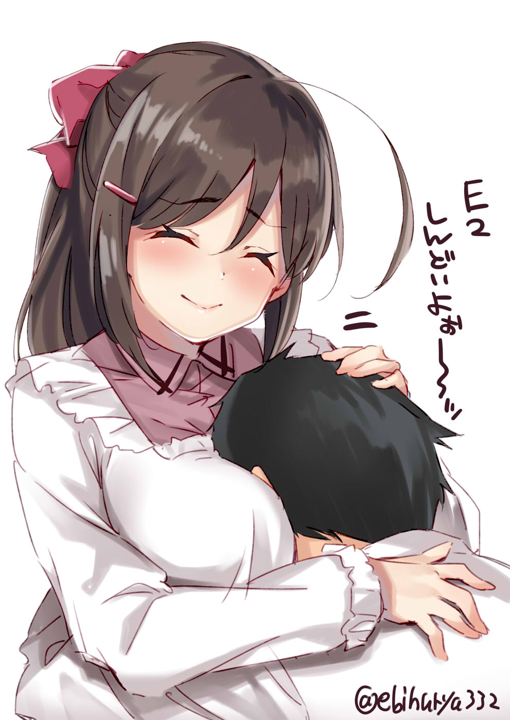 1boy 1girl admiral_(kantai_collection) ahoge bangs black_hair blush breast_press breasts brown_hair closed_eyes closed_mouth commentary_request ebifurya eyebrows_visible_through_hair hair_ornament hair_ribbon hairclip highres kantai_collection kappougi long_hair long_sleeves mamiya_(kantai_collection) petting ponytail ribbon simple_background smile translation_request twitter_username upper_body white_background