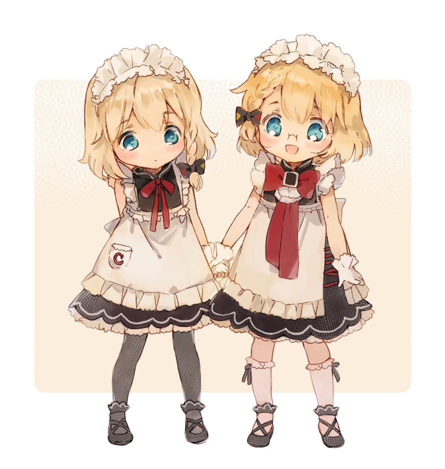 2girls apron blonde_hair blue_eyes bow bowtie braid commentary_request eyebrows_visible_through_hair g36_(girls_frontline) g36c_(girls_frontline) girls_frontline glasses gloves holding_hands maid maid_apron maid_headdress multiple_girls pantyhose shoes shuzi siblings sisters socks white_background younger