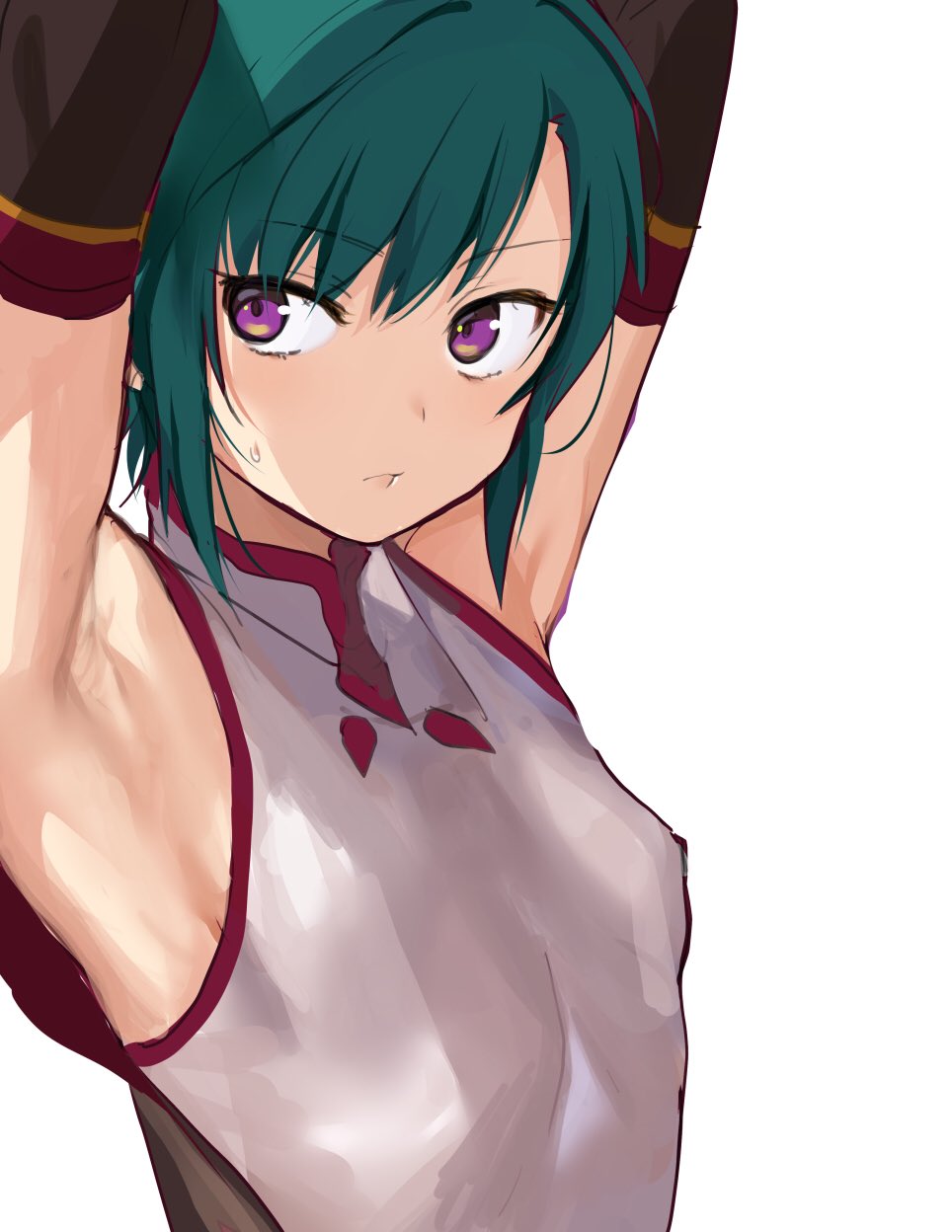 1other ahoge androgynous armpits arms_up bad_id bad_twitter_id breasts chinese_clothes green_hair highres konbu_wakame nijisanji ryuushen short_hair small_breasts solo violet_eyes virtual_youtuber