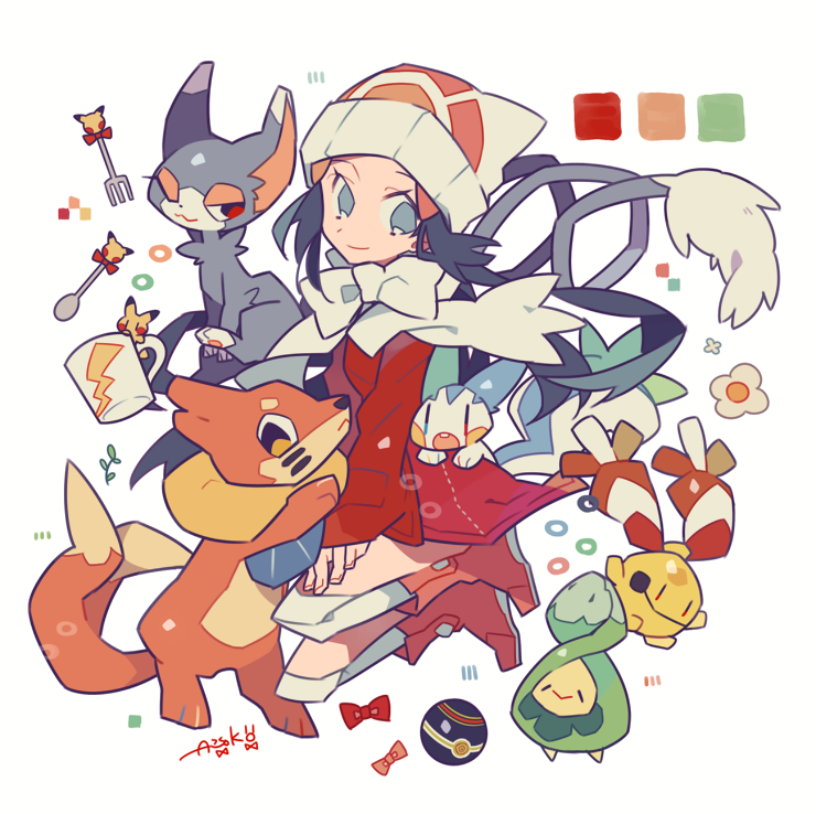 :3 artist_name auko beanie blue_eyes blue_hair blush_stickers boots bow bowtie budew buizel cat chingling coat creatures_(company) cup dusk_ball flower fork full_body game_freak gen_1_pokemon gen_2_pokemon gen_4_pokemon glameow half-closed_eye happy hat heterochromia kneehighs long_hair long_sleeves looking_to_the_side mug nintendo one_eye_closed open_mouth pachirisu pikachu pink_footwear poke_ball poke_ball_symbol poke_ball_theme pokemon pokemon_(creature) pokemon_(game) pokemon_dppt pokemon_platinum red_coat red_eyes scarf signature simple_background smile spoon white_background white_headwear white_legwear white_scarf yellow_eyes