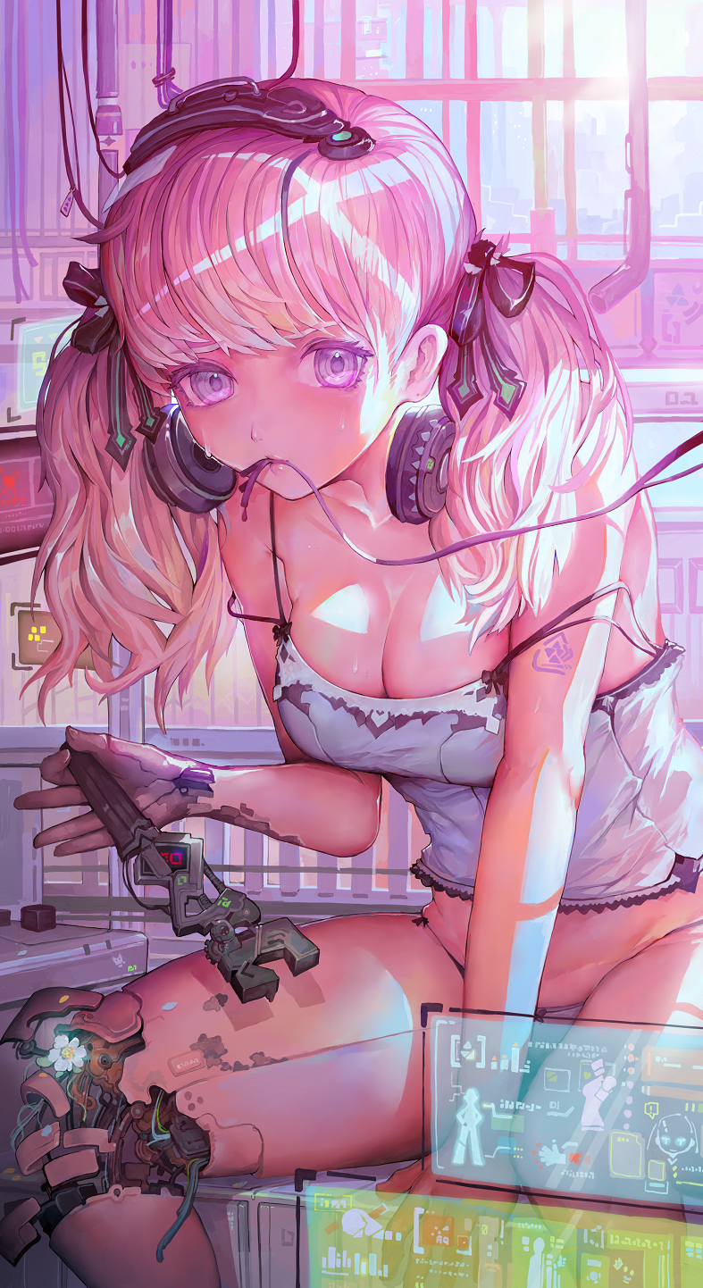 1girl android bangs blue_eyes blush breasts cable camisole cyborg headgear headphones heads-up_display highres holding indoors large_breasts leaning_forward long_hair looking_at_viewer mechanical_parts mouth_hold off_shoulder original parts_exposed pink_hair robot_joints shoulder_tattoo sitting solo sweat tattoo violet_eyes voruvoru