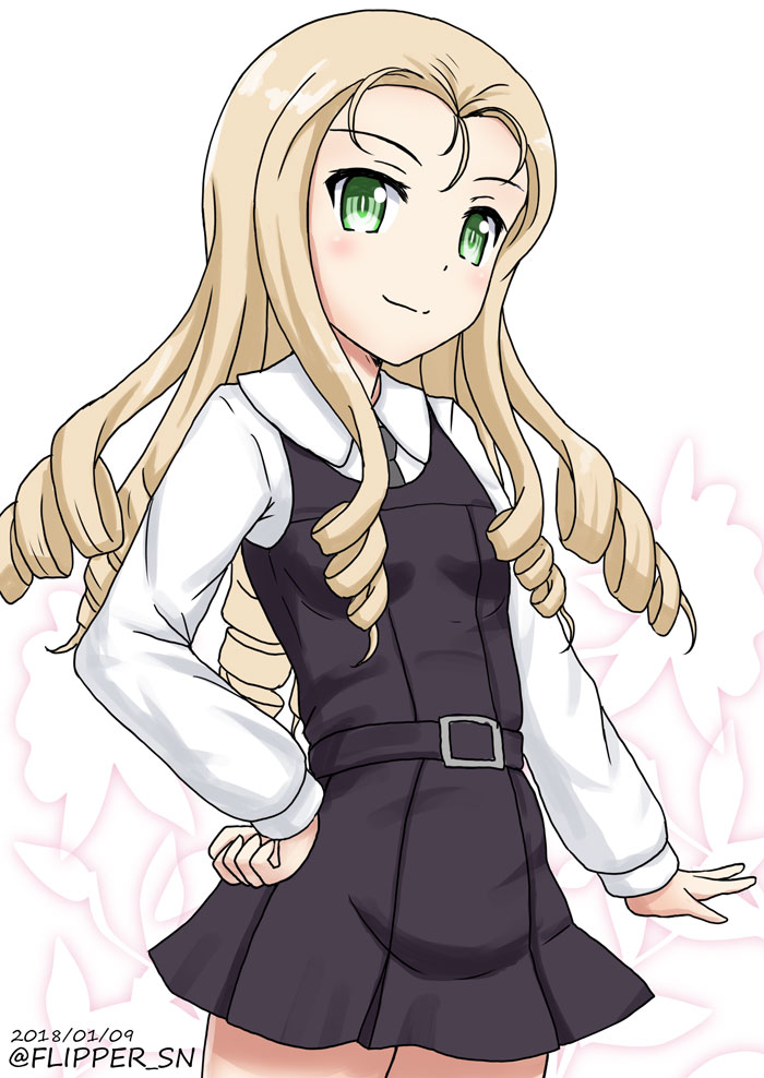 1girl bc_freedom_school_uniform belt black_belt black_neckwear black_skirt black_vest blonde_hair closed_mouth commentary cowboy_shot dated dress_shirt drill_hair flipper girls_und_panzer green_eyes hand_on_hip head_tilt long_hair long_sleeves looking_at_viewer marie_(girls_und_panzer) miniskirt necktie pleated_skirt school_uniform shirt simple_background skirt smile solo standing twitter_username vest white_background white_shirt wing_collar