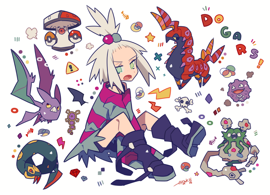! 1girl amoonguss artist_name auko bat bike_shorts black_eyes black_footwear boots bra_strap commentary_request crobat fangs freckles full_body garbodor gen_1_pokemon gen_2_pokemon gen_3_pokemon gen_5_pokemon green_eyes hair_bobbles hair_ornament homika_(pokemon) knees_up koffing long_sleeves multicolored_shirt off_shoulder open_mouth oversized_clothes oversized_shirt poke_ball_symbol pokemon pokemon_(creature) pokemon_(game) pokemon_bw2 red_eyes red_sclera scolipede seviper shirt short_hair signature simple_background sitting skull_and_crossbones sleeves_past_fingers sleeves_past_wrists snake star striped striped_shirt teeth white_background white_hair yellow_sclera