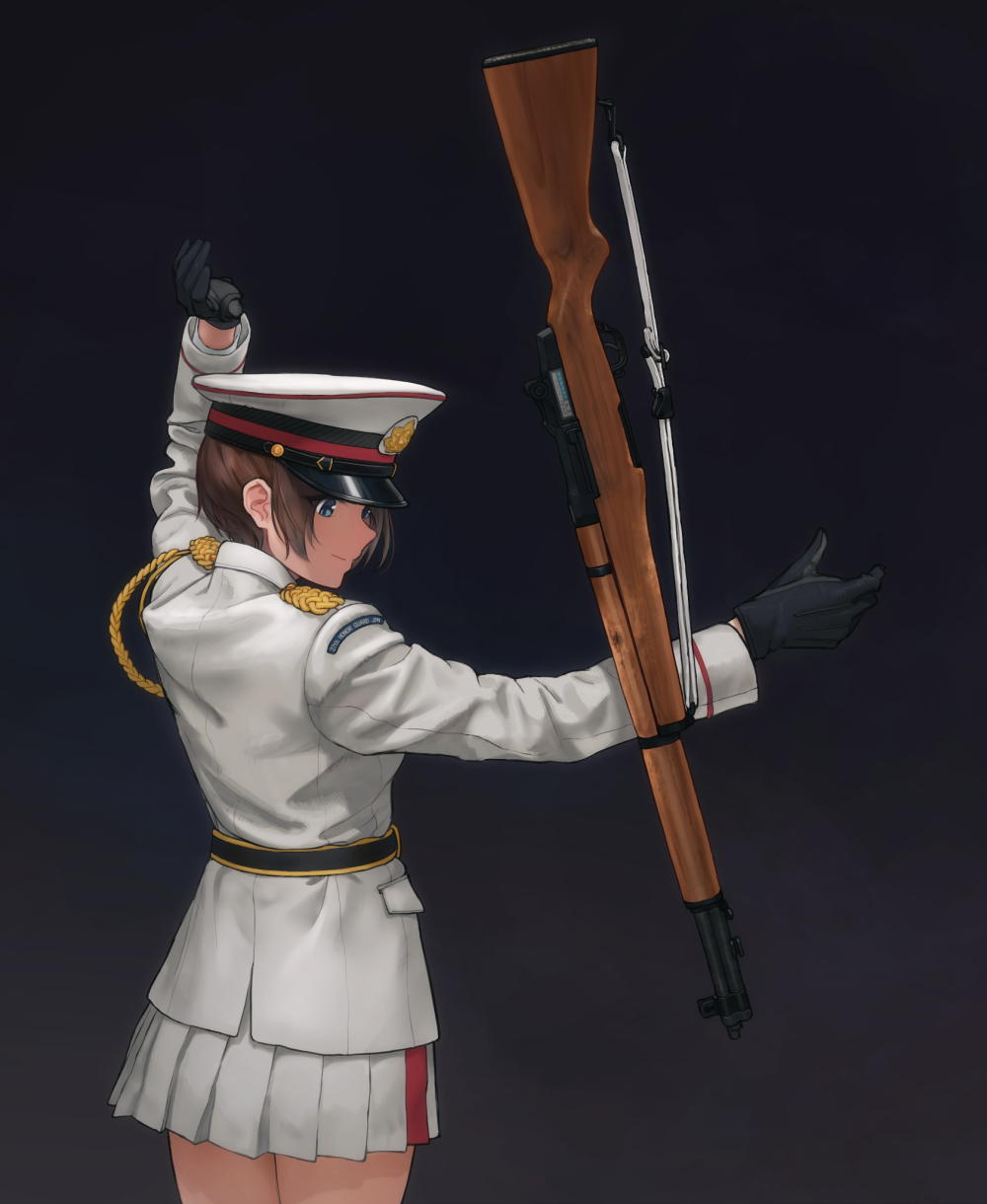 1girl black_gloves blue_eyes commentary genso gloves gun highres m1_garand military military_uniform original rifle short_hair skirt solo uniform weapon