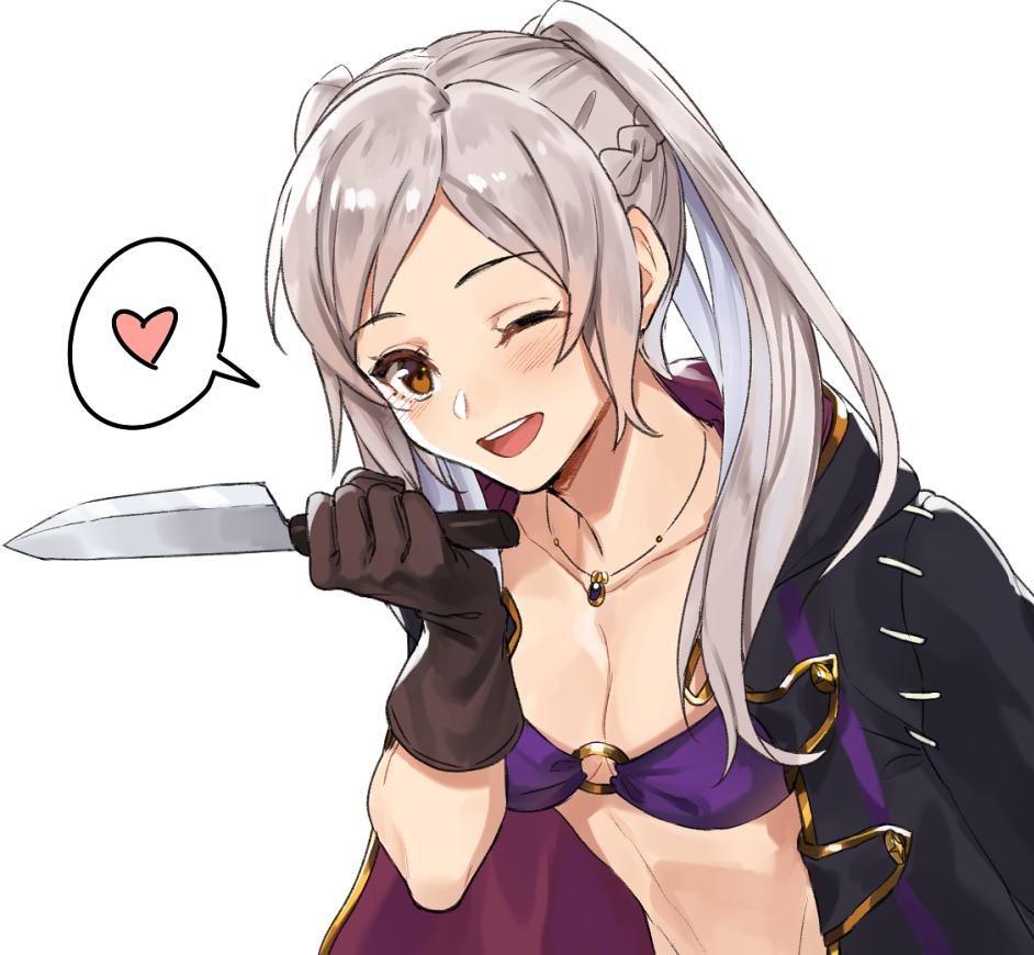 1girl bikini blush breasts cape female_my_unit_(fire_emblem:_kakusei) fire_emblem fire_emblem:_kakusei fire_emblem_heroes gloves hood kamu_(kamuuei) knife long_hair looking_at_viewer my_unit_(fire_emblem:_kakusei) navel o-ring o-ring_bikini open_mouth orange_eyes robe simple_background smile solo swimsuit twintails white_background white_hair