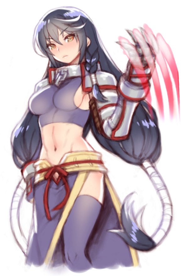 1girl armor bandaged_arm bandages black_choker black_hair blush breasts choker claws folks_(nabokof) gloves long_hair looking_at_viewer medium_breasts navel ponytail simple_background skirt solo tales_of_(series) tales_of_berseria velvet_crowe very_long_hair white_background yellow_eyes