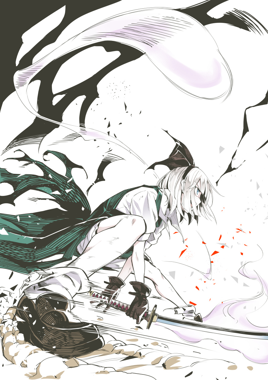 1girl asutora bangs black_footwear black_gloves black_hairband black_ribbon bloomers blue_eyes commentary_request eyebrows_visible_through_hair from_side full_body gloves green_skirt green_vest hair_ribbon hairband highres hitodama holding holding_sword holding_weapon katana konpaku_youmu konpaku_youmu_(ghost) legs_apart loafers open_mouth puffy_short_sleeves puffy_sleeves ribbon shirt shoes short_hair short_sleeves silver_hair skirt skirt_set socks solo sword torn_clothes torn_skirt touhou underwear v-shaped_eyebrows vest weapon white_background white_bloomers white_legwear white_shirt