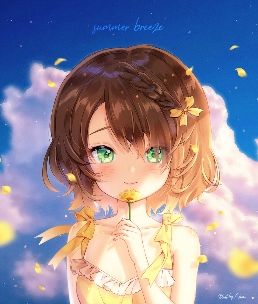 1girl bangs bare_arms bare_shoulders blue_sky blush bow braid brown_hair closed_mouth clouds cloudy_sky commentary day dress english_commentary english_text eyes_visible_through_hair fingernails flower green_eyes hair_bow hair_over_one_eye holding holding_flower natsumii_chan original outdoors petals short_hair signature sky sleeveless sleeveless_dress smile solo upper_body yellow_bow yellow_dress yellow_flower