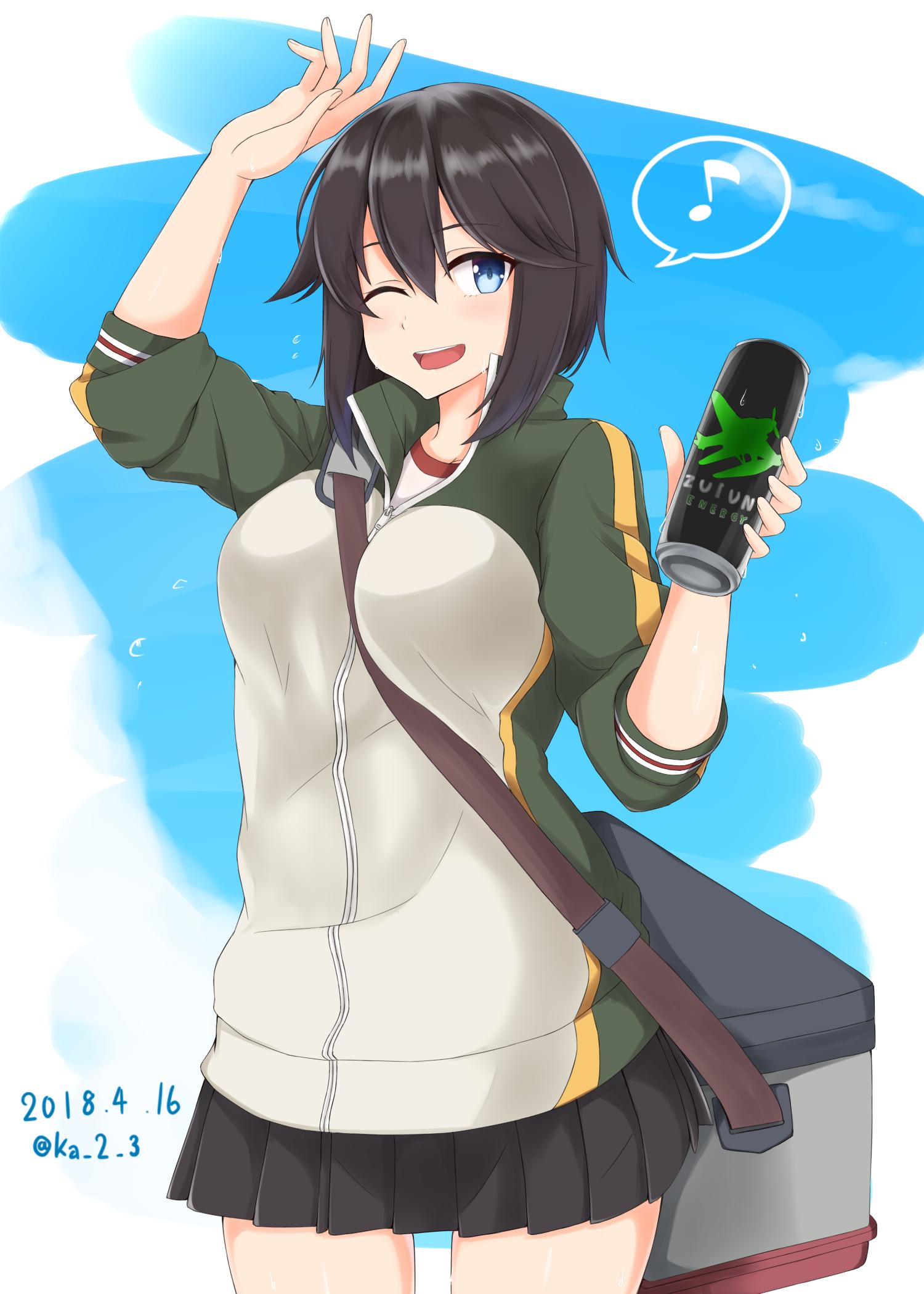 1girl black_hair black_skirt blue_eyes can cooler cowboy_shot dated e16a_zuiun eighth_note energy_drink hayasui_(kantai_collection) highres jacket ka_tsumi kantai_collection looking_at_viewer monster_energy musical_note one_eye_closed parody pleated_skirt short_hair skirt smile solo spoken_musical_note track_jacket twitter_username two-tone_background white_background