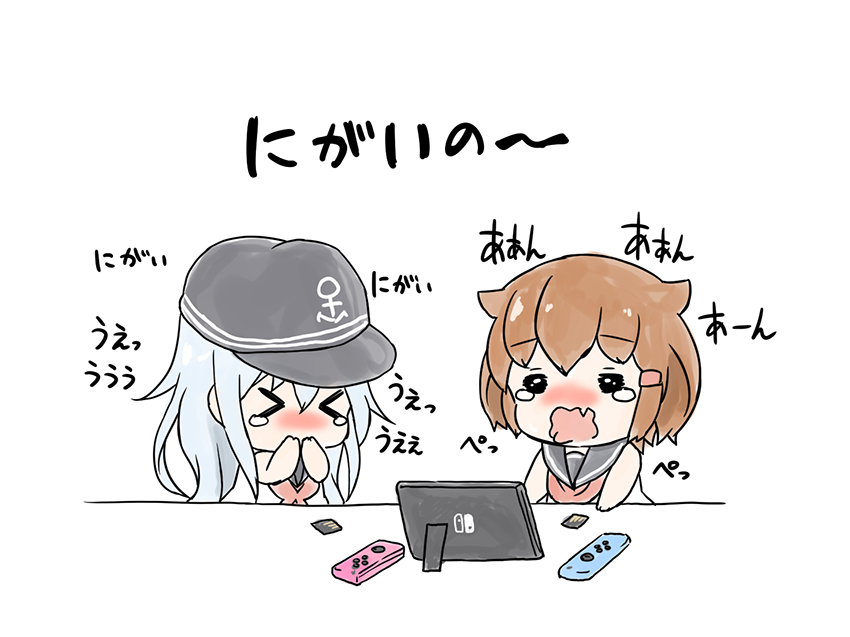 &gt;_&lt; 2girls anchor_symbol blush brown_hair controller dress fang flat_cap game_console game_controller hair_ornament hairclip hand_to_own_mouth hat hibiki_(kantai_collection) ikazuchi_(kantai_collection) joy-con kantai_collection kotanu_(kotanukiya) multiple_girls nintendo_switch sailor_dress silver_hair tears translated wavy_mouth younger