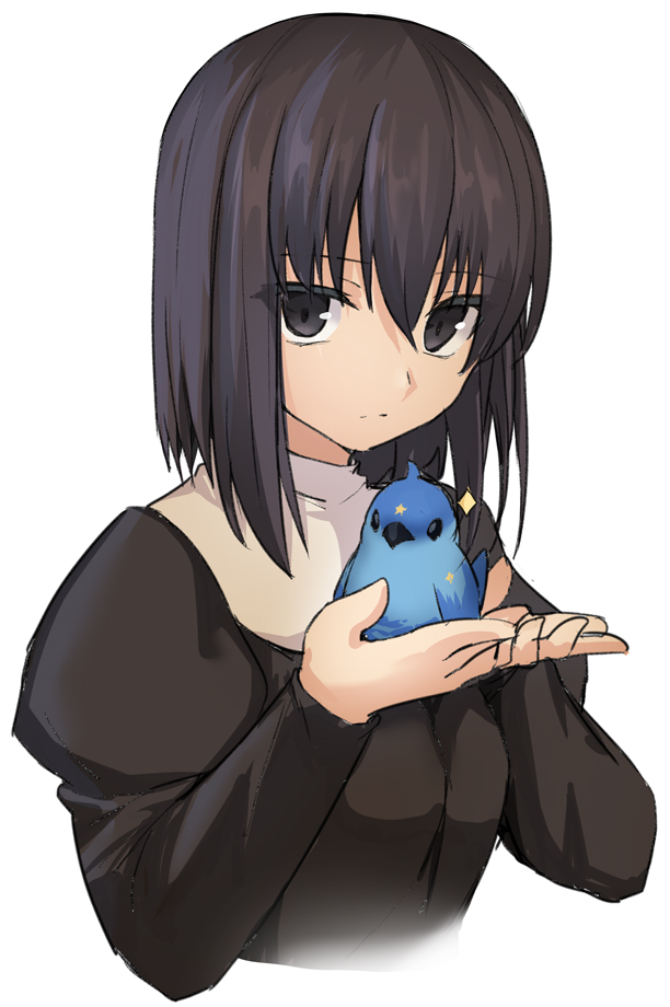 1girl animal bird black_eyes black_hair breasts character_request commentary_request copyright_request eyebrows_visible_through_hair hair_between_eyes holding long_sleeves looking_at_viewer puffy_sleeves shiseki_hirame short_hair simple_background small_breasts solo upper_body white_background