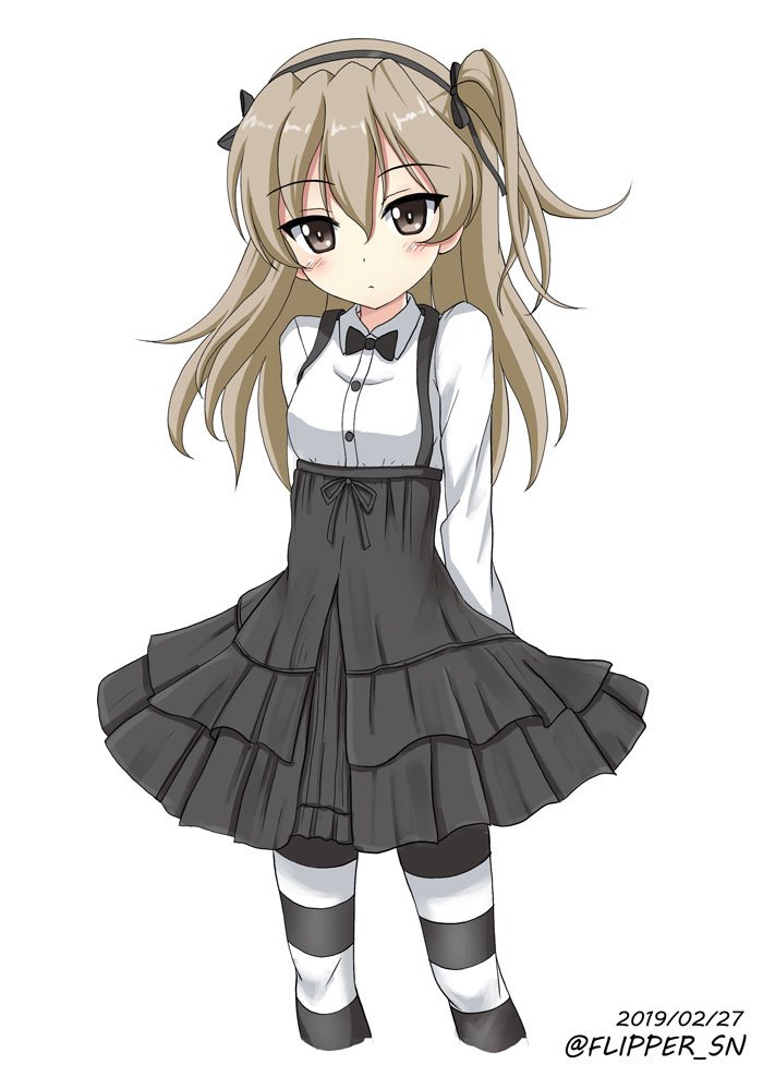 1girl arms_behind_back bangs black_neckwear black_ribbon black_skirt bow bowtie brown_eyes casual closed_mouth collared_shirt commentary cropped_legs dated eyebrows_visible_through_hair flipper girls_und_panzer hair_ribbon high-waist_skirt layered_skirt light_blush light_brown_hair light_frown long_hair long_sleeves looking_at_viewer medium_skirt one_side_up pantyhose ribbon shimada_arisu shirt simple_background skirt solo standing striped striped_legwear suspender_skirt suspenders twitter_username white_background white_shirt