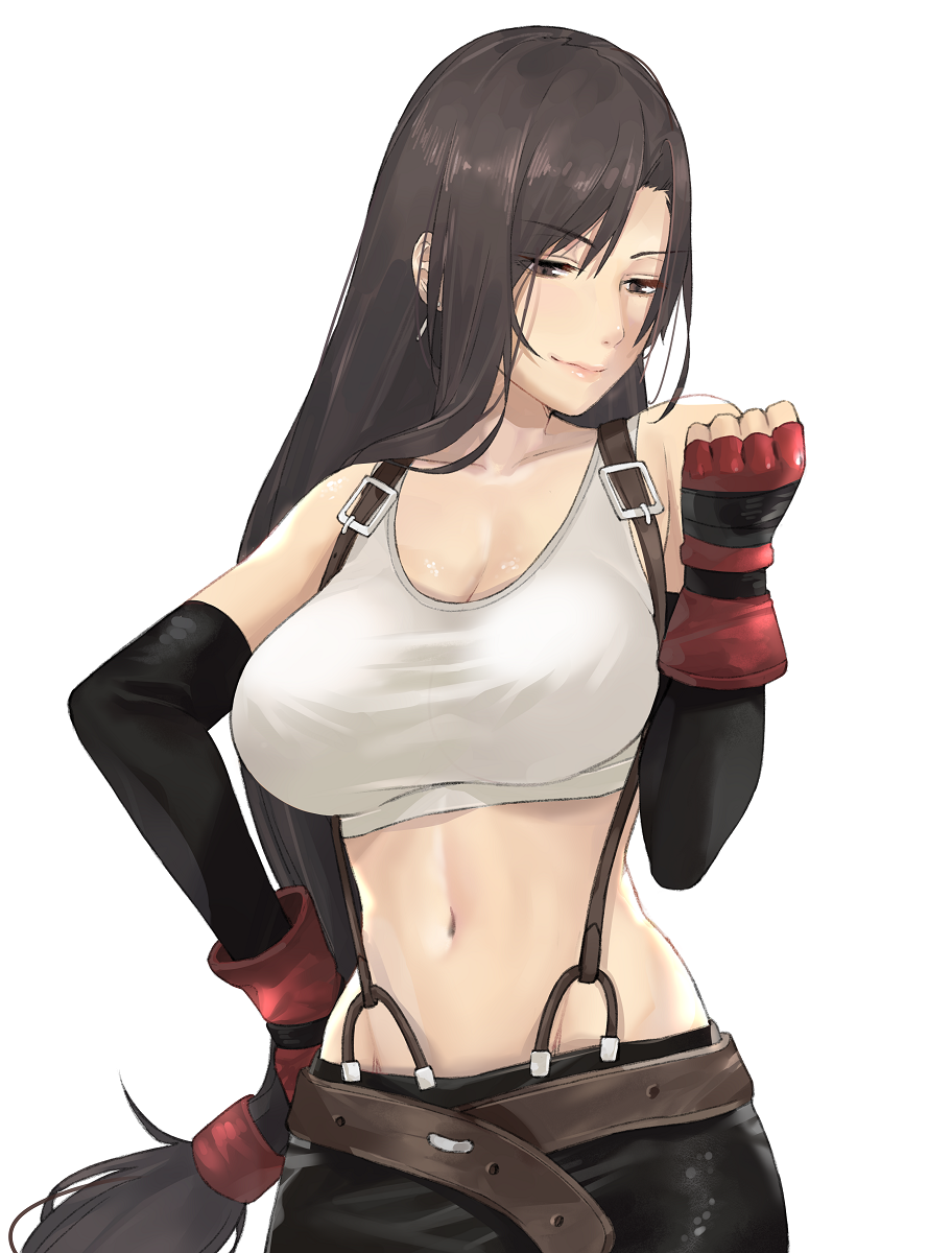 1girl belt black_hair breasts collarbone commentary crop_top elbow_gloves eyebrows_visible_through_hair final_fantasy final_fantasy_vii fingerless_gloves gloves hand_on_hip highres j@ck large_breasts long_hair looking_to_the_side low-tied_long_hair navel simple_background sleeveless smile solo stomach tank_top tifa_lockhart toned white_background