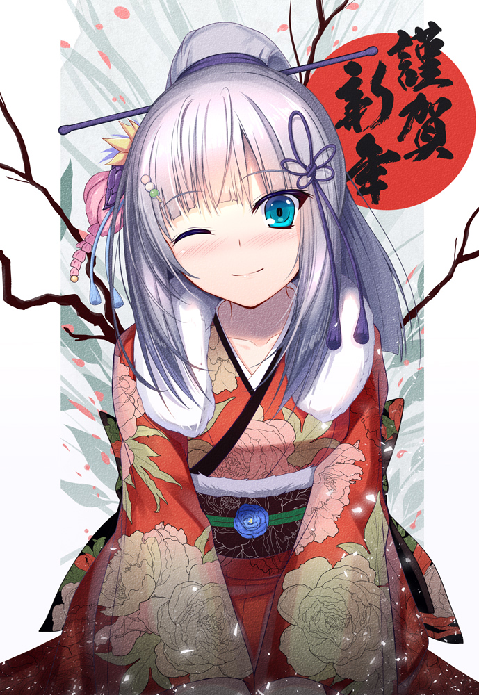 1girl ;) bangs blue_eyes blunt_bangs blush breasts collarbone commentary_request eyebrows_visible_through_hair floral_print fur_collar hair_ornament hair_ribbon hair_stick happy_new_year head_tilt itsuki_online itsuki_touka japanese_clothes kimono large_breasts leaning_forward long_hair looking_at_viewer migumigu new_year obi one_eye_closed ponytail red_kimono ribbon sash seiza sidelocks sitting smile translated virtual_youtuber