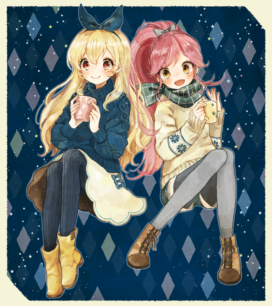 2girls :d aikatsu! aikatsu!_(series) ankle_boots bangs black_legwear blonde_hair blue_sweater blush boots border bow brown_eyes closed_mouth cross-laced_footwear cup diamond_(shape) green_shorts grey_legwear hair_between_eyes hair_bow hairband holding holding_cup hoshimiya_ichigo koedo lace-up_boots long_hair looking_at_viewer multiple_girls open_mouth otoshiro_seira pantyhose ponytail red_eyes redhead ribbed_legwear ribbed_sweater scarf shorts sitting skirt smile star sweater swept_bangs yellow_skirt yellow_sweater