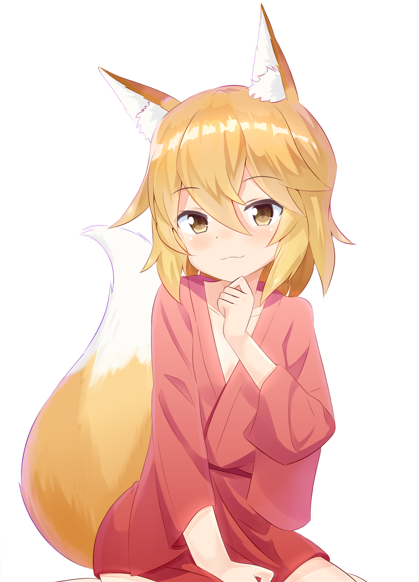 1girl animal_ear_fluff animal_ears bangs blonde_hair blush brown_eyes closed_mouth collarbone commentary_request derivative_work eyebrows_visible_through_hair fox_ears fox_girl fox_tail hair_between_eyes highres japanese_clothes kimono pink_kimono senko_(sewayaki_kitsune_no_senko-san) sewayaki_kitsune_no_senko-san short_kimono simple_background sitting smile solo tail tail_raised wariza white_background yutsuki_warabi