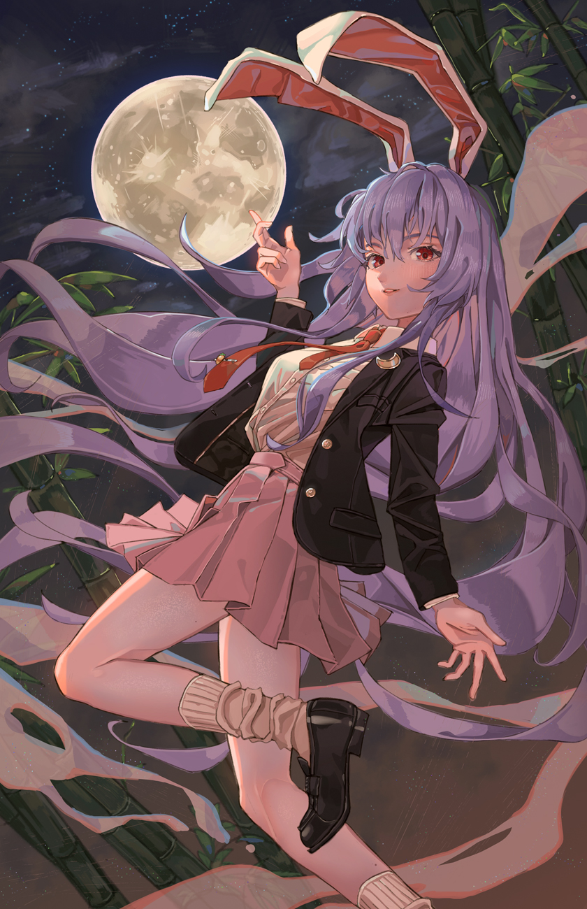 1girl animal_ears bamboo bamboo_forest bangs beige_legwear black_footwear black_jacket blazer breasts clouds crescent crescent_moon_pin dutch_angle feet_out_of_frame forest full_moon hair_between_eyes hand_up highres jacket loafers long_hair long_sleeves looking_at_viewer maachi_(fsam4547) medium_breasts miniskirt moon nature necktie night night_sky open_clothes open_jacket outdoors parted_lips pink_skirt pleated_skirt purple_hair rabbit_ears red_eyes red_neckwear reisen_udongein_inaba shirt shoes skirt sky socks solo star_(sky) starry_sky thighs touhou very_long_hair white_shirt