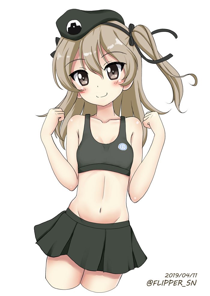 1girl bangs beret black_skirt black_sports_bra breasts brown_eyes clenched_hands closed_mouth collarbone commentary cowboy_shot cropped_legs dated emblem eyebrows_visible_through_hair flipper girls_und_panzer groin hat japanese_tankery_league_(emblem) light_blush light_brown_hair long_hair looking_at_viewer military_hat miniskirt navel pleated_skirt selection_university_(emblem) selection_university_military_uniform shimada_arisu simple_background skirt small_breasts smile solo sports_bra standing twitter_username w_arms white_background