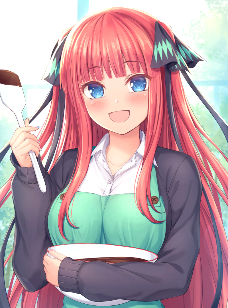 1girl :d apron bangs black_cardigan black_ribbon blue_eyes blunt_bangs blush bowl breasts cardigan chocolate collarbone collared_shirt eyebrows_visible_through_hair go-toubun_no_hanayome green_apron hair_ornament hair_ribbon holding holding_bowl large_breasts long_hair long_sleeves looking_at_viewer multicolored multicolored_nails mutsuba_fumi nail_polish nakano_nino open_mouth pink_hair redhead ribbon shirt smile spatula upper_body white_shirt