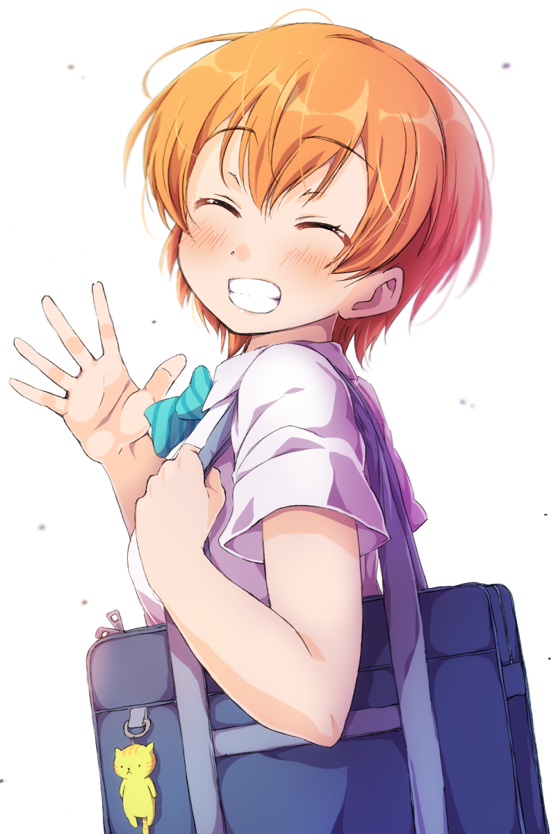 1girl ^_^ bag bag_charm blue_neckwear bow bowtie charm_(object) closed_eyes collared_shirt commentary_request facing_viewer from_side grin hand_up highres holding_strap hoshizora_rin love_live! love_live!_school_idol_project orange_hair otonokizaka_school_uniform school_bag school_uniform sen_(sen0910) shirt short_hair short_sleeves smile solo striped striped_neckwear upper_body waving white_background white_shirt