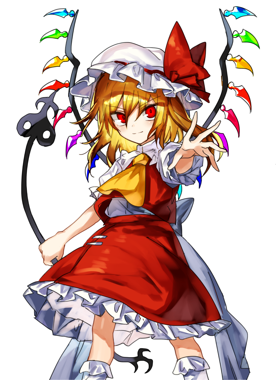 1girl ascot blonde_hair closed_mouth flandre_scarlet frilled_skirt frilled_sleeves frills gem hair_between_eyes hat hat_ribbon highres holding laevatein long_hair looking_at_viewer manarou mob_cap outstretched_arm puffy_short_sleeves puffy_sleeves red_eyes red_ribbon red_shirt red_skirt ribbon shirt short_sleeves side_ponytail simple_background skirt skirt_set smile socks solo standing touhou tsurime v-shaped_eyebrows white_background white_headwear white_legwear white_ribbon wind wings yellow_neckwear