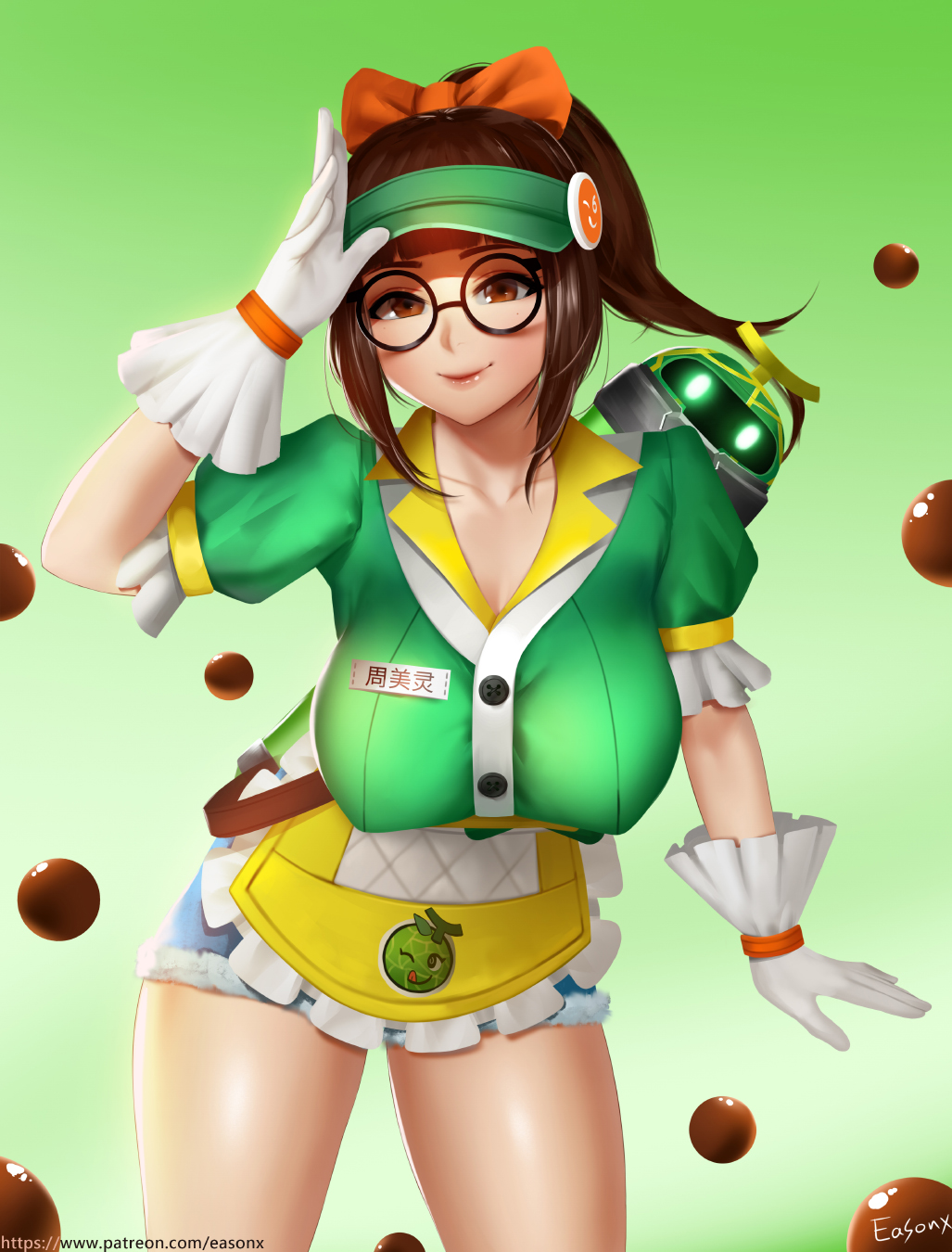 1girl alternate_costume alternate_hairstyle apron artist_name ball black-framed_eyewear bow breasts brown_eyes brown_hair buttons chocolate collarbone cowboy_shot cutoffs denim denim_shorts drone easonx glasses gloves gradient gradient_background green_background green_shirt hair_bow high_ponytail highres honeydew_mei large_breasts leaning_forward looking_at_viewer medium_hair mei_(overwatch) name_tag orange_bow overwatch puffy_short_sleeves puffy_sleeves round_eyewear salute shirt short_sleeves shorts signature smile snowball_(overwatch) solo taut_clothes taut_shirt thighs visor_cap waist_apron watermark web_address white_gloves