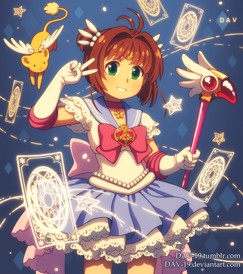 1girl antenna_hair bishoujo_senshi_sailor_moon blue_skirt blush bow brown_hair cardcaptor_sakura choker cosplay crossover dav-19 deviantart_username elbow_gloves fuuin_no_tsue gloves green_eyes grin holding holding_staff kero kinomoto_sakura parted_lips pink_bow sailor_moon sailor_moon_(cosplay) short_hair skirt smile solo staff teeth tumblr_username v watermark web_address white_gloves