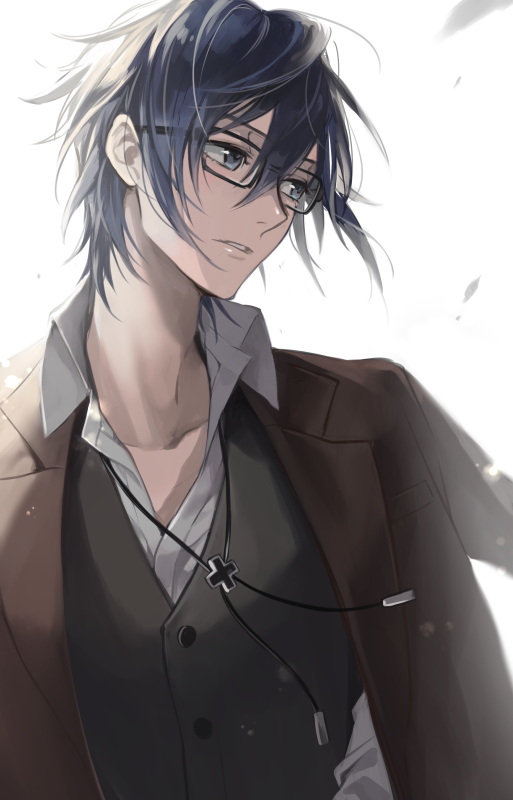 1boy black-framed_eyewear blue_hair brown_jacket collarbone collared_shirt dress_shirt fushimi_saruhiko glasses grey_eyes jacket jewelry k_(anime) male_focus necklace noes open_clothes open_jacket rectangular_eyewear shirt solo upper_body white_background white_shirt wing_collar