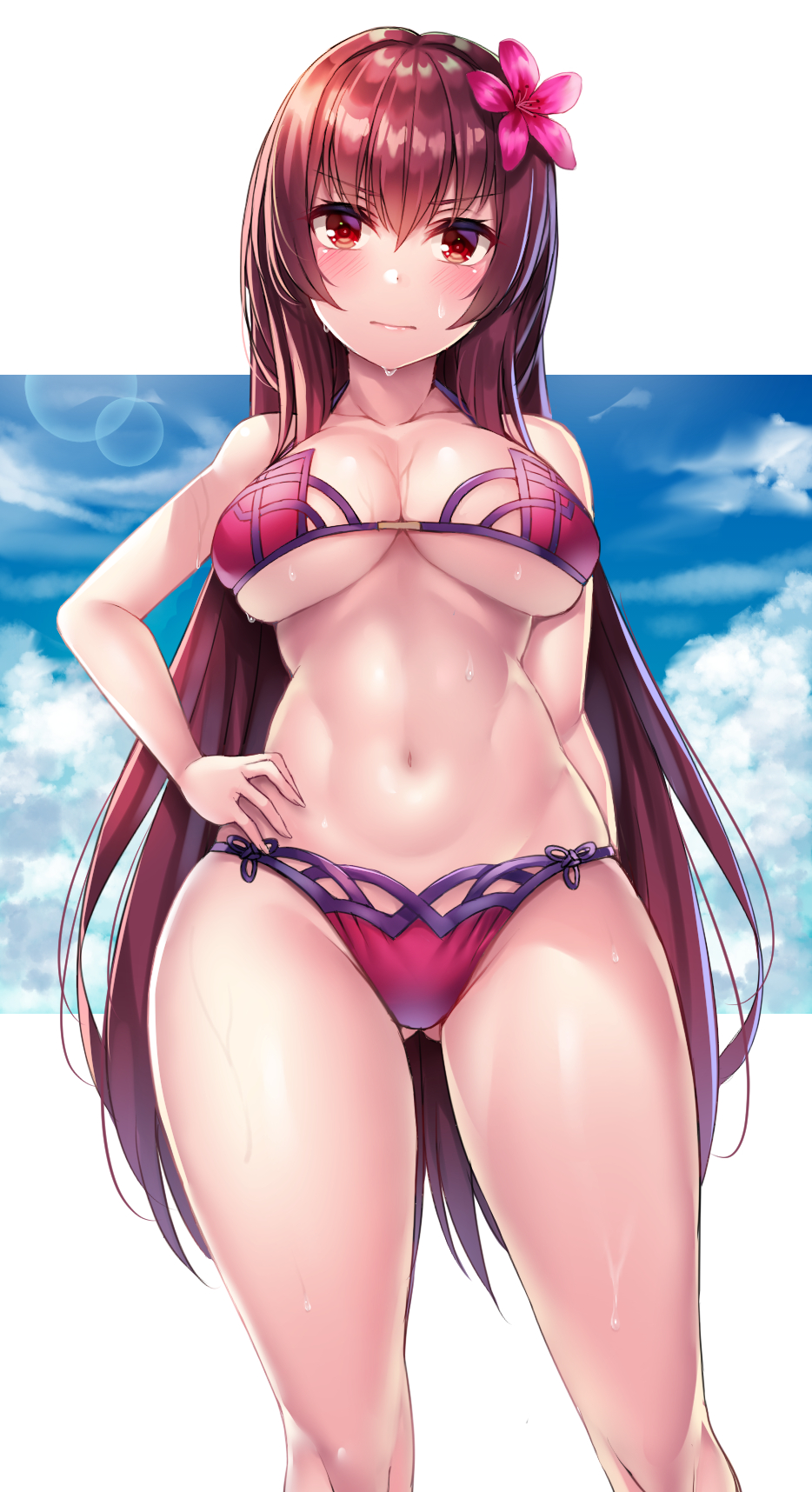 1girl alternate_costume arm_at_side ass ass_visible_through_thighs bangs bare_legs bare_shoulders beeyan bikini blush bracelet breasts cowboy_shot eyebrows_visible_through_hair fate/grand_order fate_(series) flower hair_flower hair_intakes hair_ornament hibiscus highres jewelry large_breasts long_hair looking_at_viewer navel pink_bikini purple_bikini purple_hair purple_sarong red_eyes sarong scathach_(fate)_(all) scathach_(swimsuit_assassin)_(fate) sweat swimsuit thighs under_boob