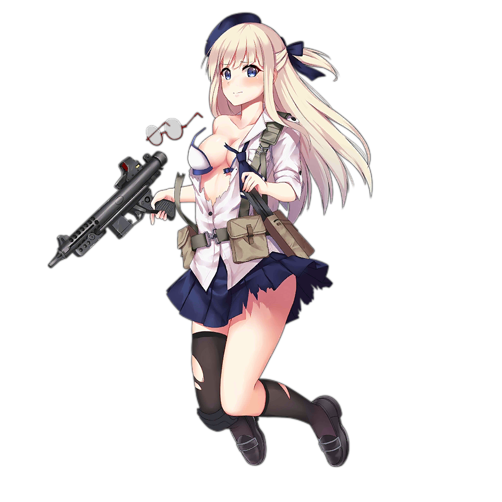 1girl allenes bangs belt black_legwear blonde_hair blue_eyes blue_skirt blush breast_pocket breasts collared_shirt full_body girls_frontline glasses gun hair_ribbon hat holding holding_gun holding_weapon leg_up long_hair official_art pleated_skirt pocket pouch ribbon shirt shoes single_sock single_thighhigh skirt socks solo submachine_gun thigh-highs transparent_background weapon white_shirt z-62_(girls_frontline)