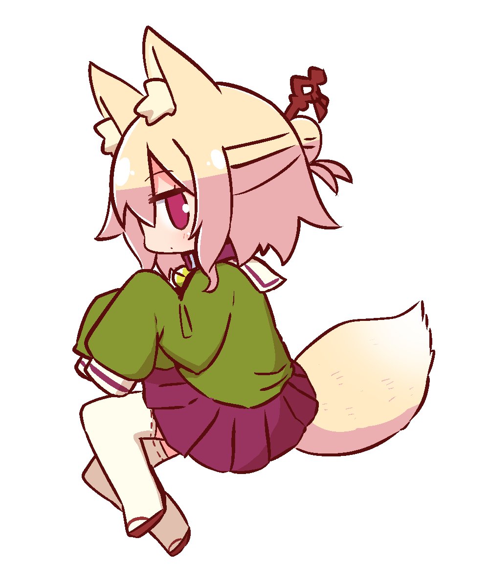 1girl animal_ear_fluff animal_ears bangs bell bell_collar blonde_hair blush brown_collar brown_footwear closed_mouth collar commentary_request eyebrows_visible_through_hair fox_ears fox_girl fox_tail full_body green_shirt hair_between_eyes hair_bun hair_ornament highres jingle_bell kemomimi-chan_(naga_u) long_hair long_sleeves looking_at_viewer looking_to_the_side lying naga_u on_side original pleated_skirt profile purple_skirt red_eyes ribbon-trimmed_legwear ribbon_trim sailor_collar shirt sidelocks simple_background skirt sleeves_past_fingers sleeves_past_wrists solo tail thigh-highs white_background white_legwear white_sailor_collar