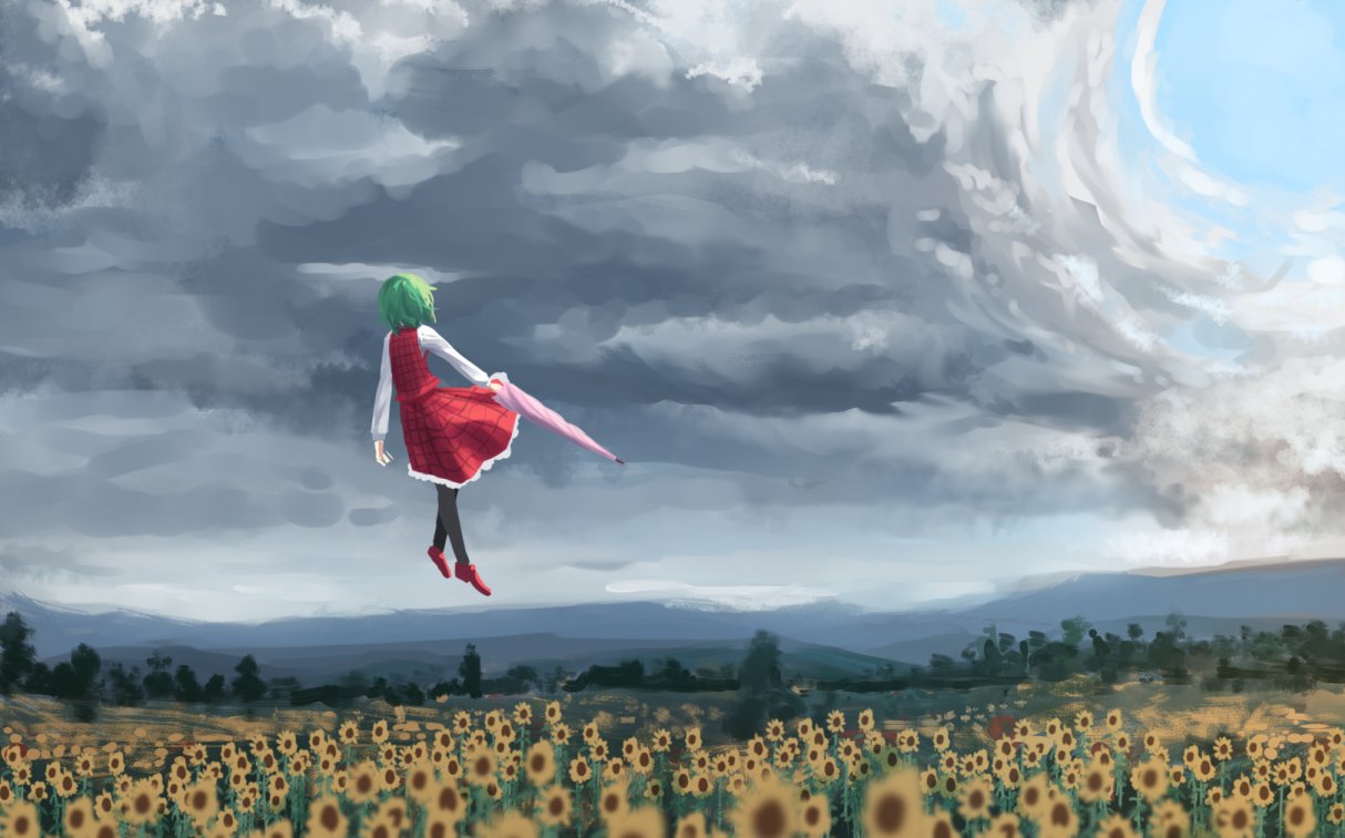 1girl black_legwear blue_sky closed_umbrella clouds cloudy_sky commentary_request field floating flower flower_field from_behind green_hair holding holding_umbrella kazami_yuuka long_sleeves outdoors pantyhose petticoat pink_umbrella red_footwear red_skirt red_vest roke_(taikodon) shirt shoes short_hair skirt skirt_set sky solo sunflower touhou tree umbrella vest white_shirt wide_shot