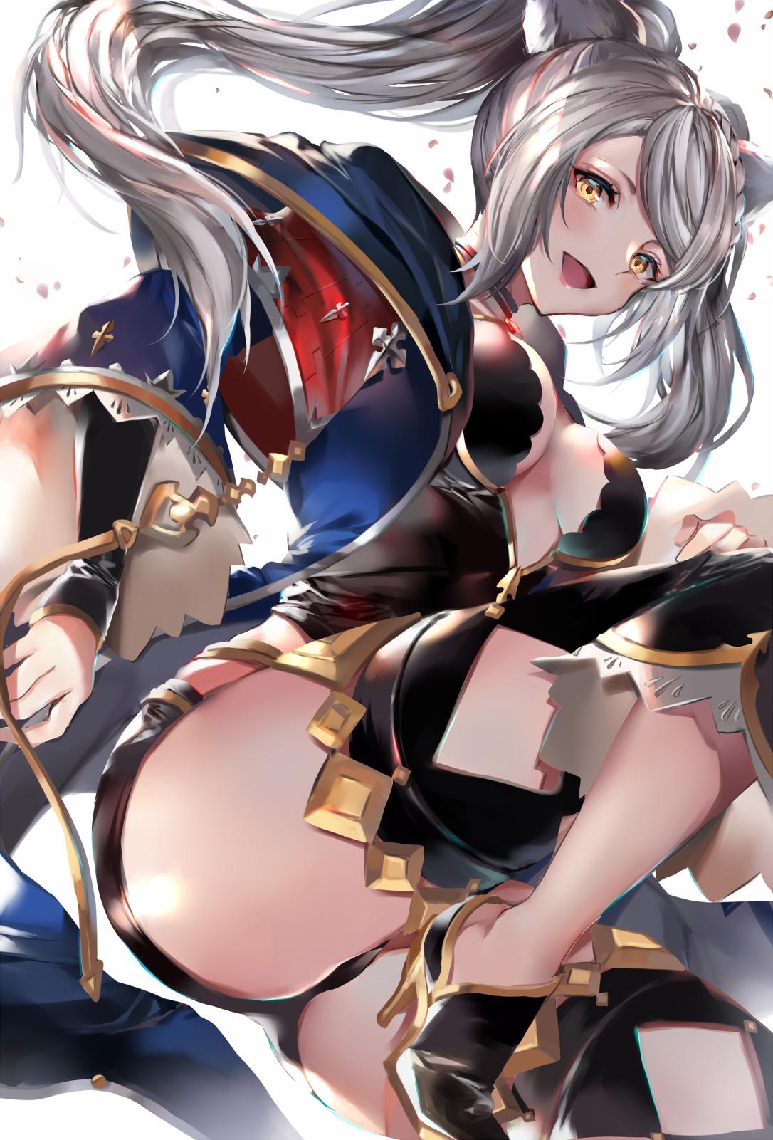 1girl animal_ears breasts erune fraux granblue_fantasy grey_hair high_heels highres hinahino medium_breasts open_mouth shorts thigh-highs thighs twintails wide_sleeves yellow_eyes